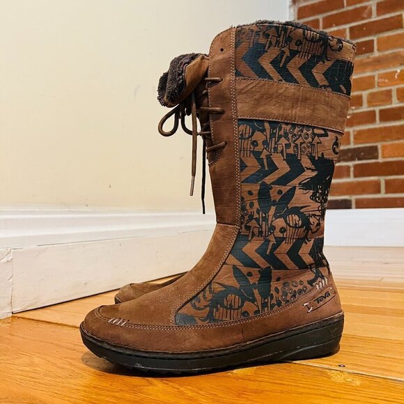 Shoes - TEVA Kiru Brown Nubuck Leather Aztec Fleece Lined Mid Calf Boots Women's 8.5